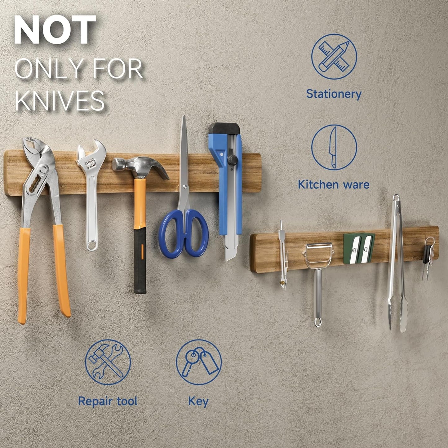 Magnetic Knife Holder for Wall, Acacia Wood Knife Magnetic Strip No Drill Knife Magnet Storage Bar Magnetic Tool Key Holder Strip for Kitchen Utensil Organizer (Light Brown, 16 Inch)