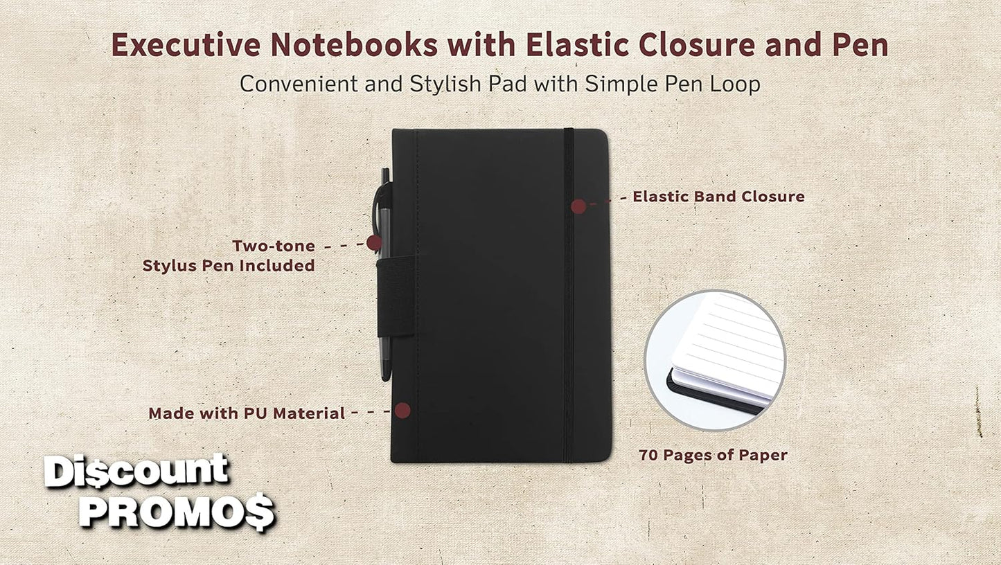 DISCOUNT PROMOS 10 Executive Notebooks with Pen Pack - 6 x 8.5 inches, Recycled, Pen Loop, Closure Strap - Black