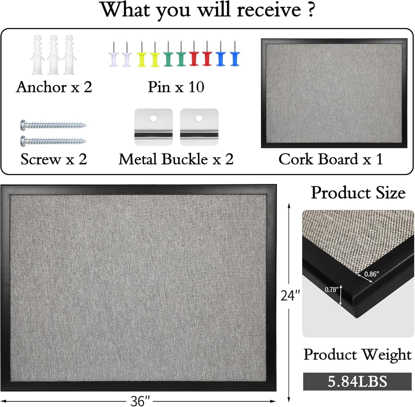 SHANTRA 36 x 24 Inch Bulletin Board with Grey Fabric, Wood Framed Canvas Cork Board, Corkboard for Walls with 10 Pins, Decorative Vision Board, Wall Mounted Notice Board for Home, Office, School