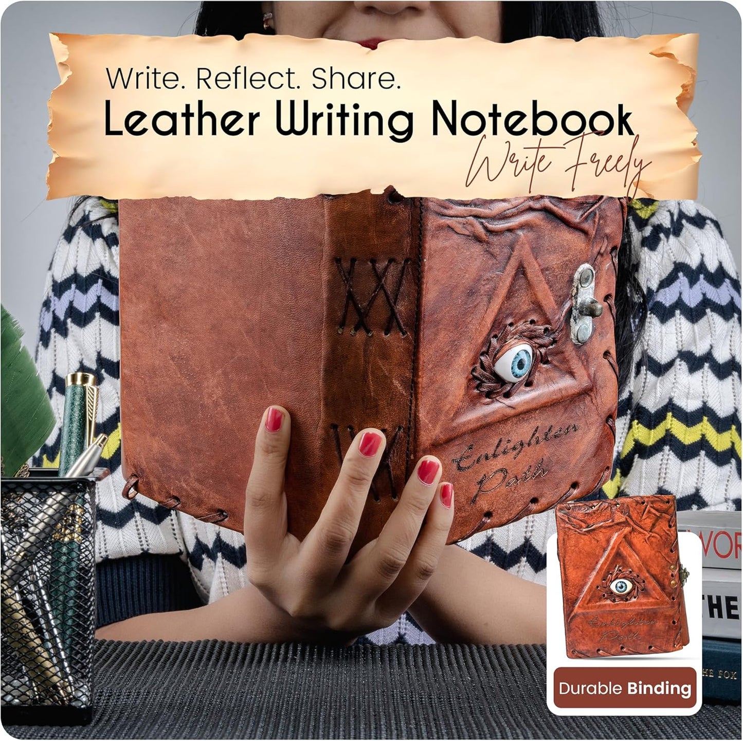 Hocus Pocus Book of Spells – Third Eye Leather Bound Journal with Vintage Clasp Lock – 200 Page Antique Deckle Edge Paper Grimoire Vintage Journal Witchcraft Gift for Men & Women