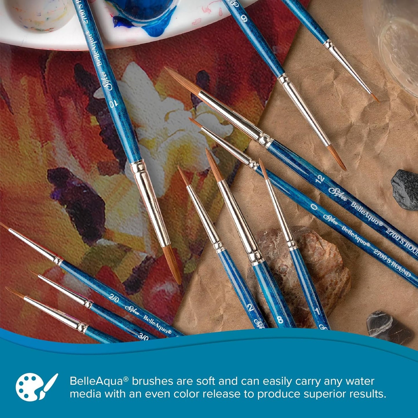 Silver Brush Limited BA-2702S BelleAqua Ideal Watercolor Brush Set, 4pc Professional Premium Soft Synthetic Sable Round Paint Brushes, Sizes 1, 2, 6, and 8