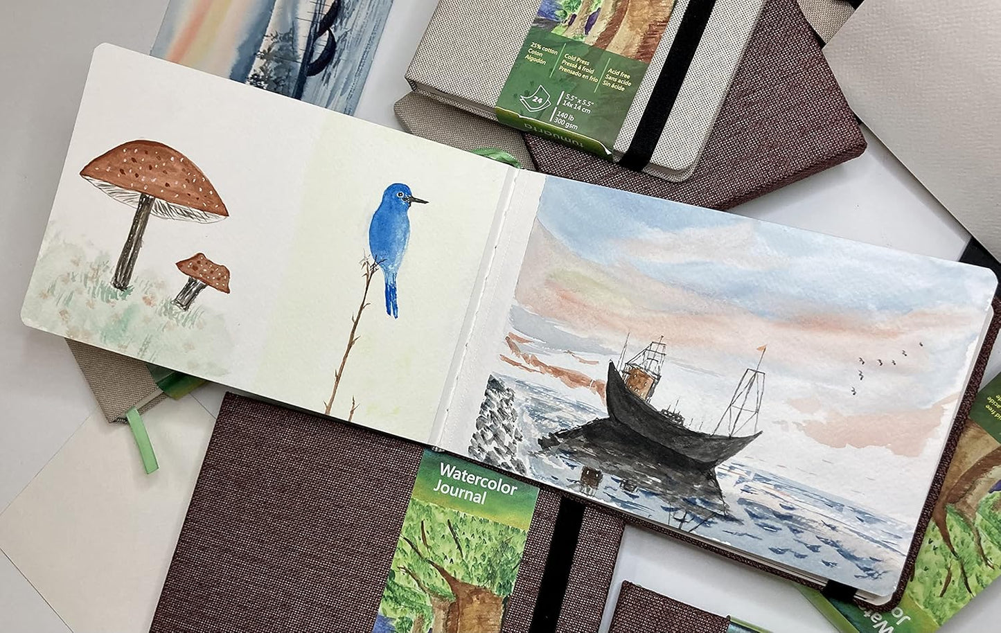 Watercolor Journal, 8.25x5.5, 140 LB, 300 GSM, tumuarta Cotton Paper, Cold Press, 24 Sheets, 48 Pages, Watercolor Paper Sketchbooks for Use As Travel Notebook and Mixed Media Pad