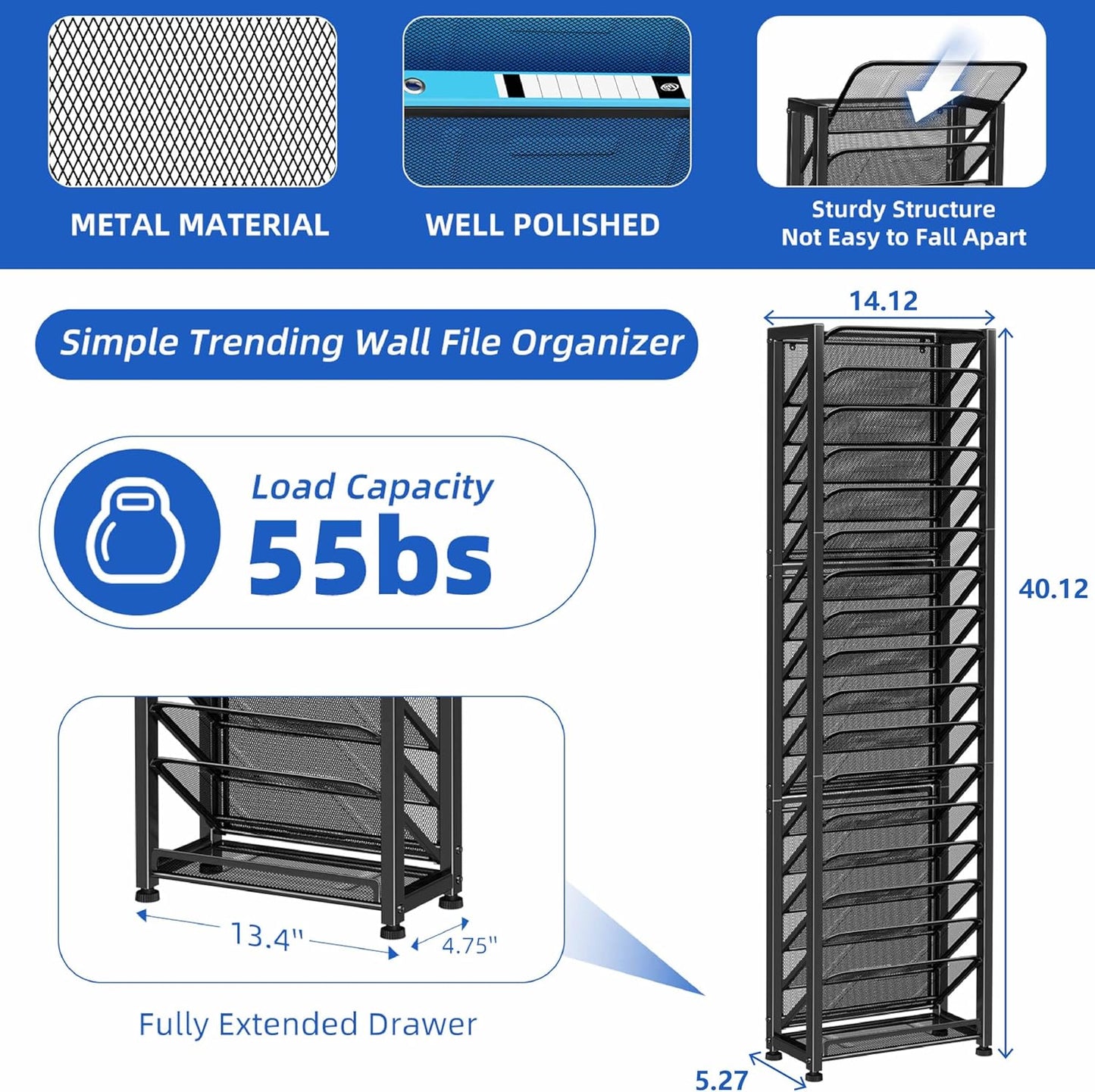 Simple Trending Wall File Organizer, 18-Tier Mesh Hanging Paper Document Folder Holder, Desktop Metal Files Storage Rack for Office and Home, Black