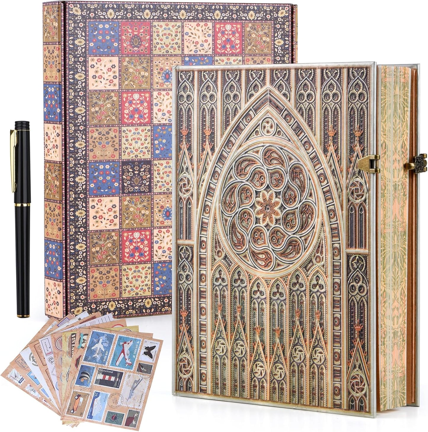 Retro 3D Gothic Vault Hot Stamp Hardcover Journal – 192 Blank Lined Pages w/Envelope Pocket – Luxury Notebook, Travel Diary & Wedding Anniversary