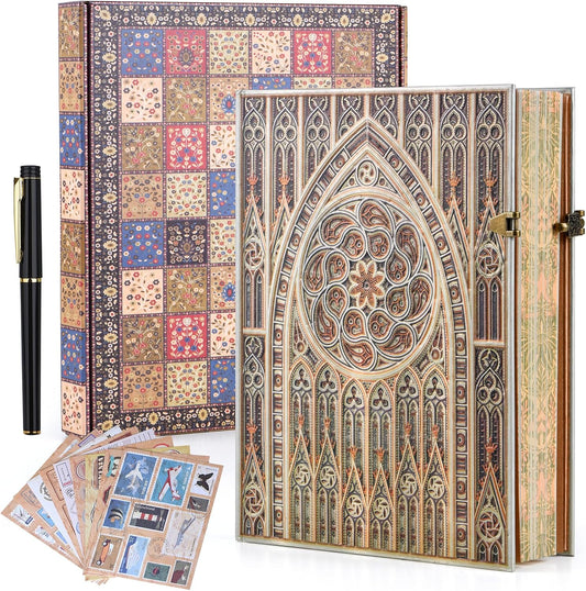 Retro 3D Gothic Vault Hot Stamp Hardcover Journal – 192 Blank Lined Pages w/Envelope Pocket – Luxury Notebook, Travel Diary & Wedding Anniversary