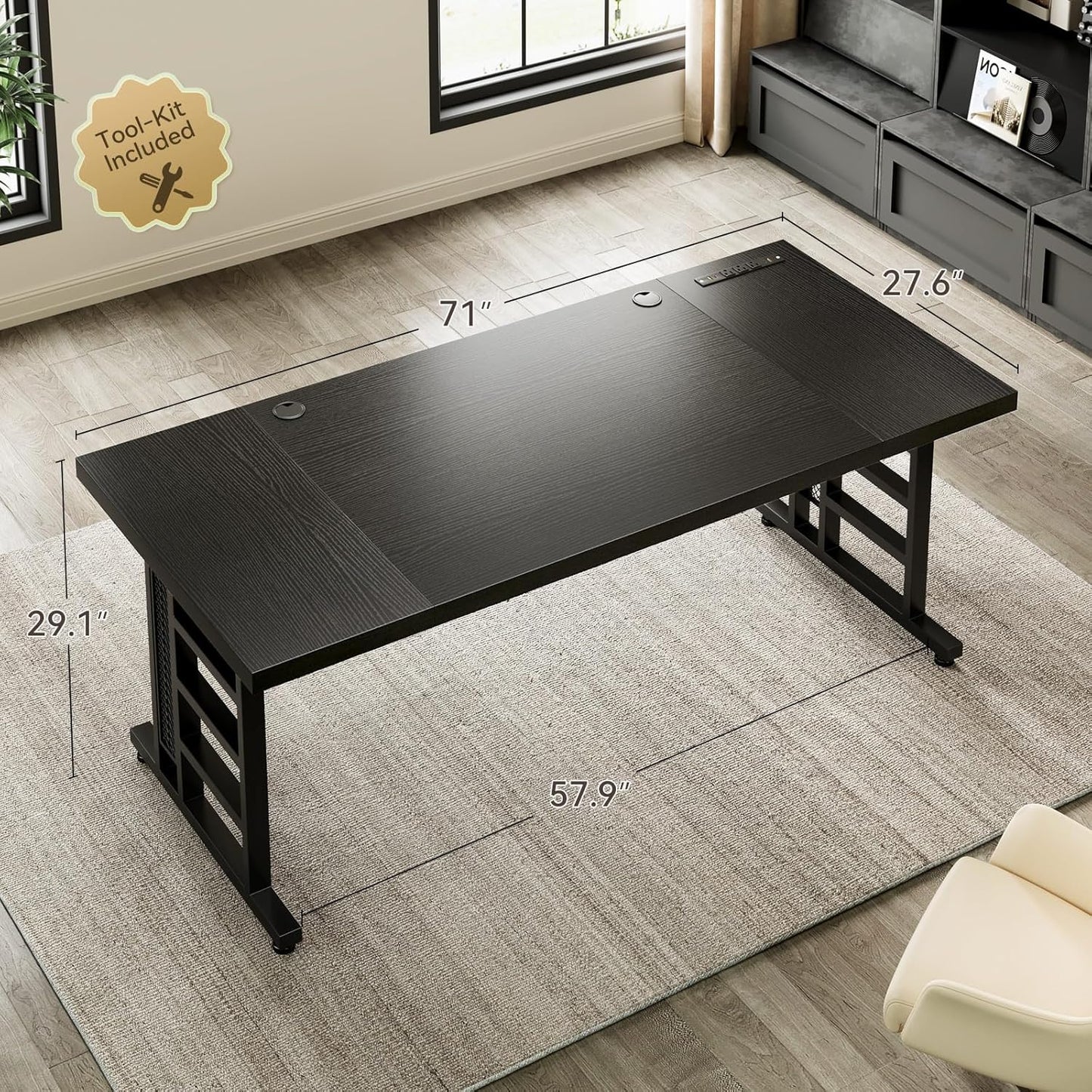 Coleshome 71 Inch Executive Desk with USB Ports, Computer Office Desk, Large Mordern Writing Table, Workstation Business Furniture for Home Office, Black