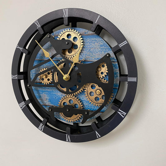 The Gears Clock 16 inches Wall Clock with Real Moving Gears Convertible into a Big Mantel Clock (Ocean Blue)