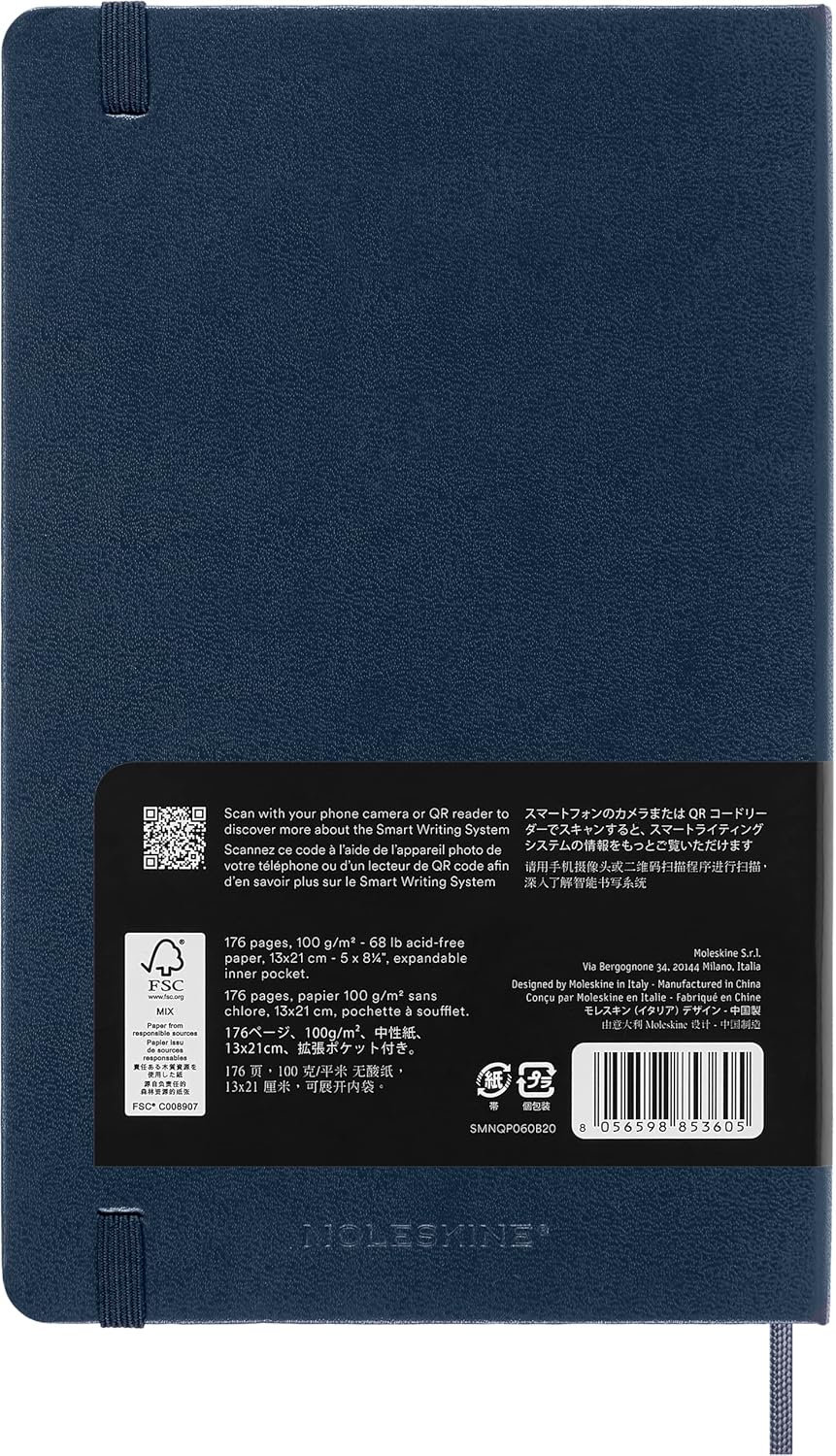 Moleskine Smart Notebook, Large, Ruled, Sapphire Blue, Hard Cover (5 x 8.25)