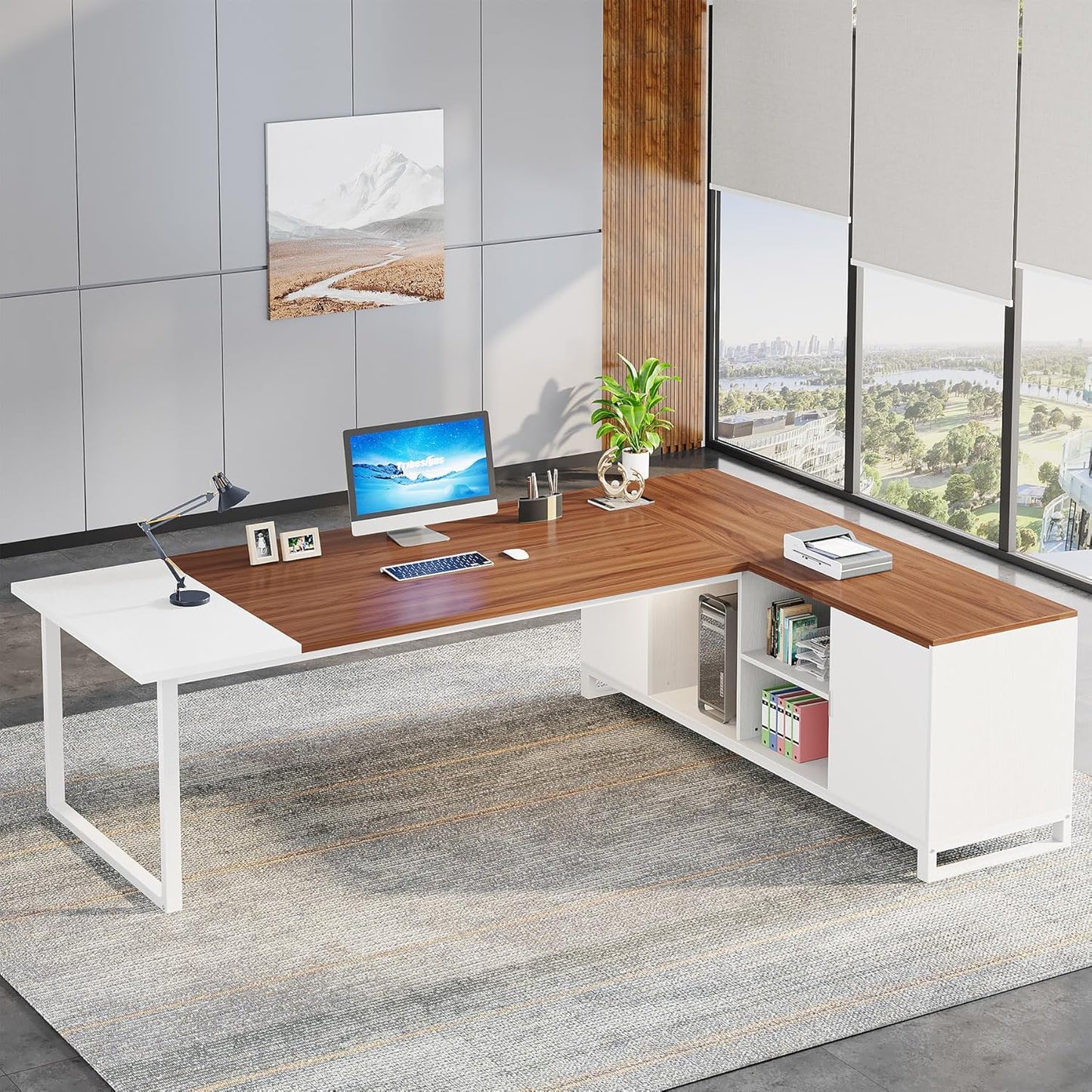 Tribesigns 70.8" L-Shaped Executive Desk with 55" File Cabinet, Large Home Office Computer Desk with Storage Shelves and Cabinet, Modern Business Furniture Set Home Office, Walnut White