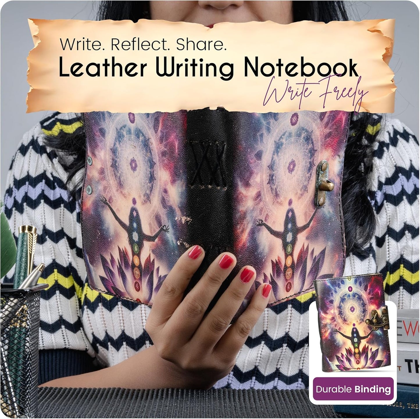 Blank Spell Book of Shadows Seven Chakra Leather Journal with Vintage Clasp Lock – 200 Page Antique Deckle Edge Leather Bound Notebook – For Writing, Drawing, Home, Office, Travelling