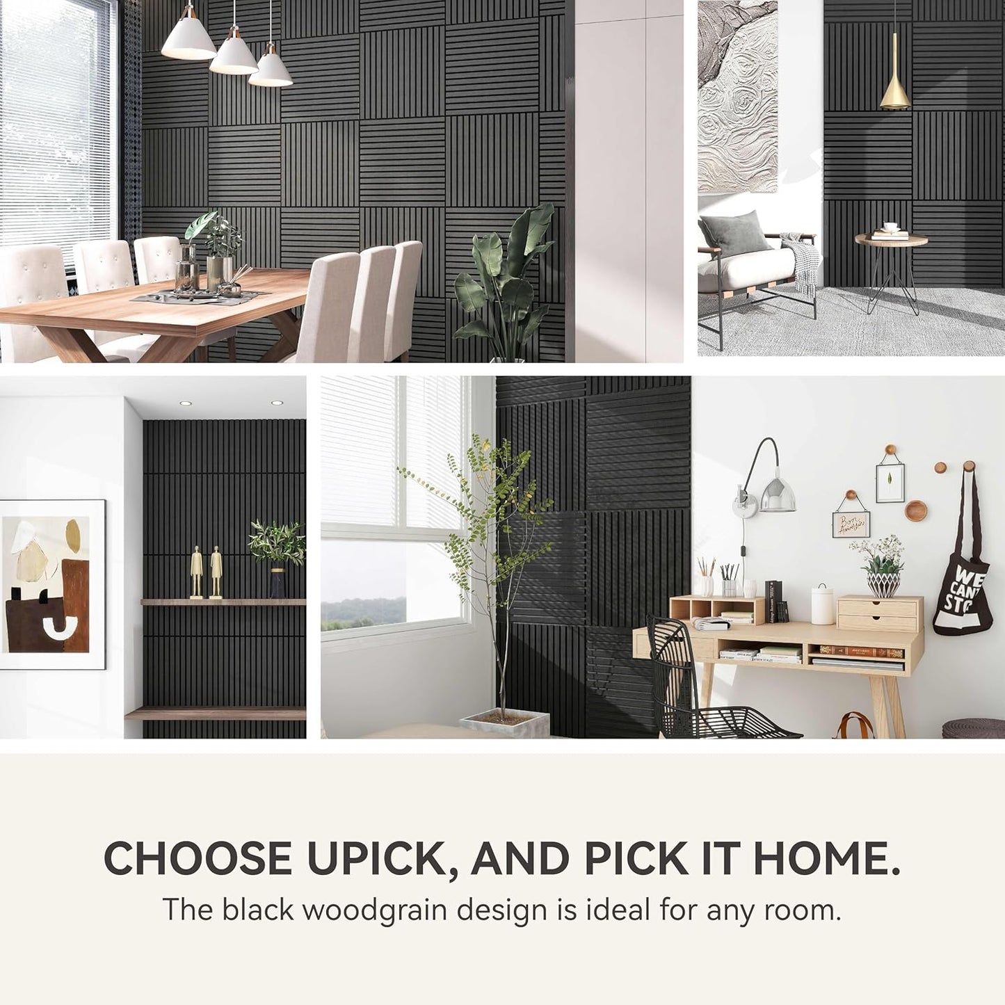 Upick MDF Acoustic Wall Panels Sound Absorbing, 4 Pack 24 x 24 inch Sound Proof Foam Wall Panels & Wood Slat Wall Panels for Interior Wall Decor (Matte Black)