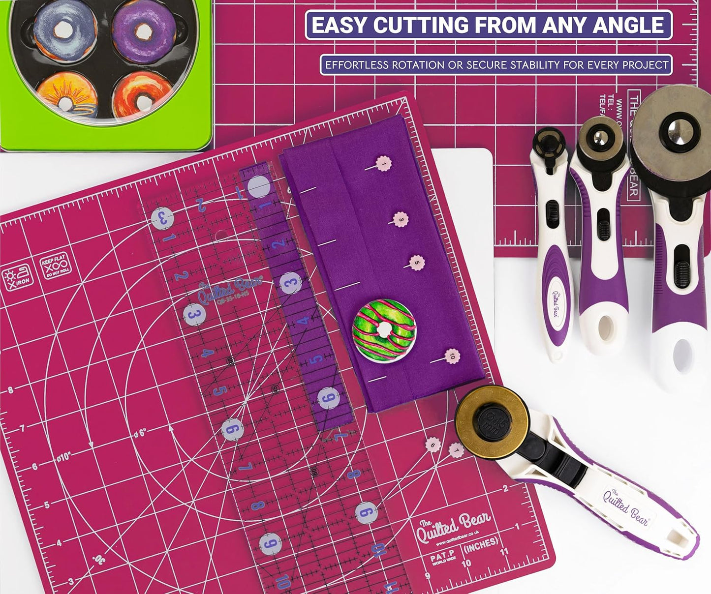 The Quilted Bear Rotating Cutting Mat 7" x 7" - Locking & Rotating Self Healing Cutting Board for Sewing, Fabric & Effortless Quilting - 360 Degree Sewing Supplies Mat for Craft Table (Pink)