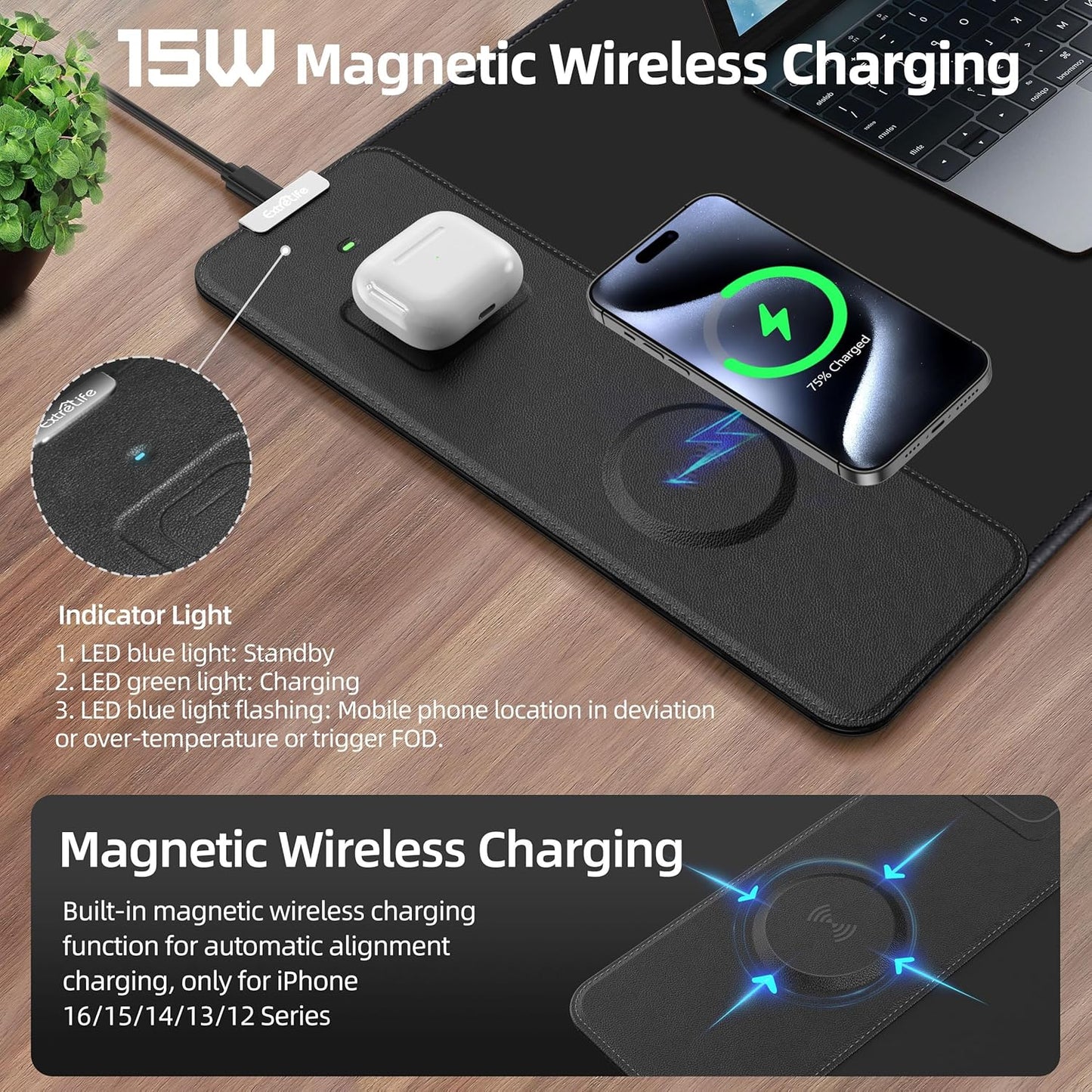 Mouse Pad with Wireless Charging, Gaming Mouse Pad with Ultra-Smooth Surface, Large XXL Desk Mat, Non-Slip Mouse Mat, Waterproof Computer Keyboard Pad for Gaming, Desk, Office, PC, 800x300x4MM, Black