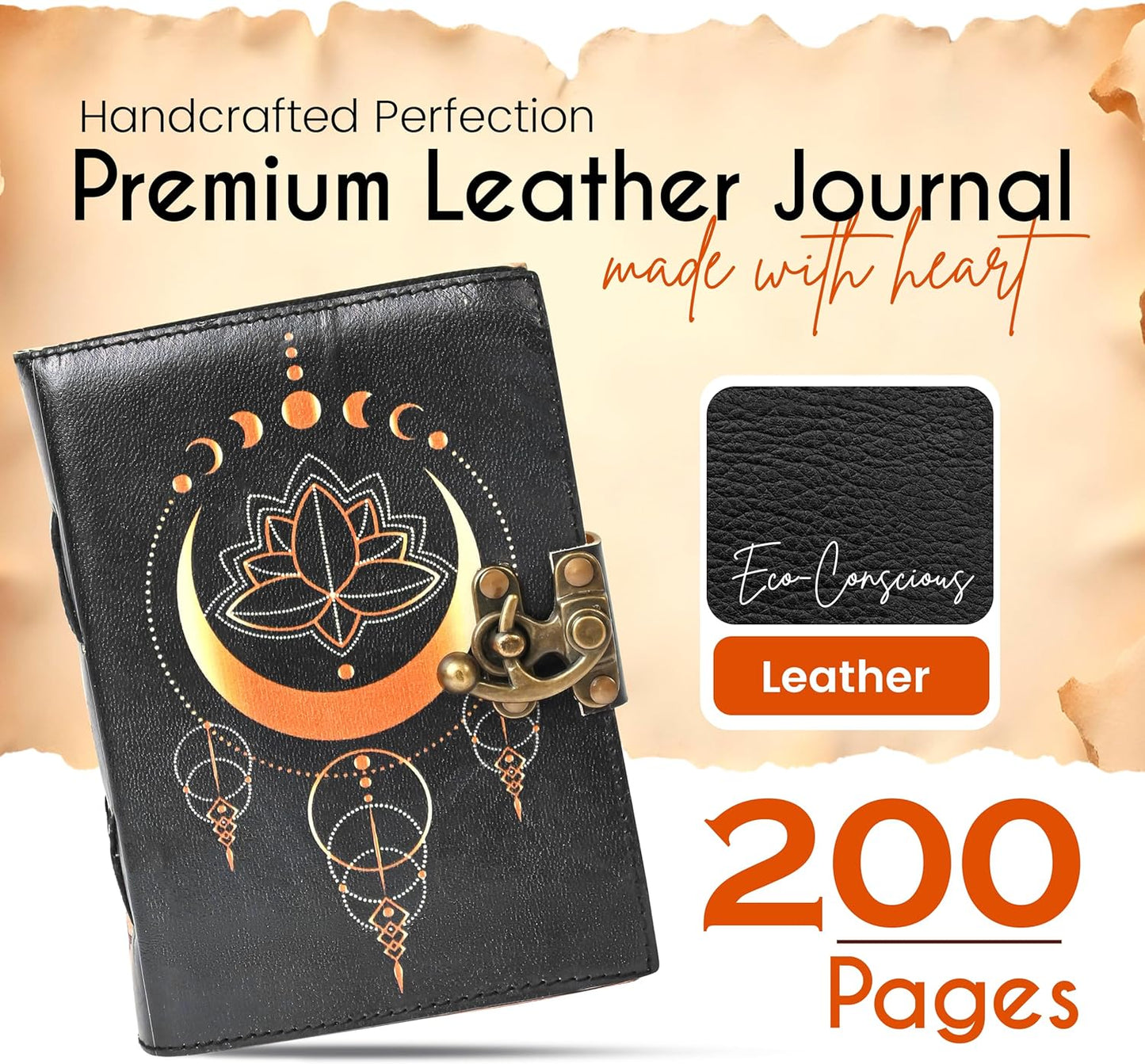 Blank Spell Book of Shadows Leather Journal with Vintage Clasp Lock – Crescent Moon Diary with 200 Page Antique Deckle Edge Paper – Wiccan Prayer Journal, Aesthetic Gift for Men & Women