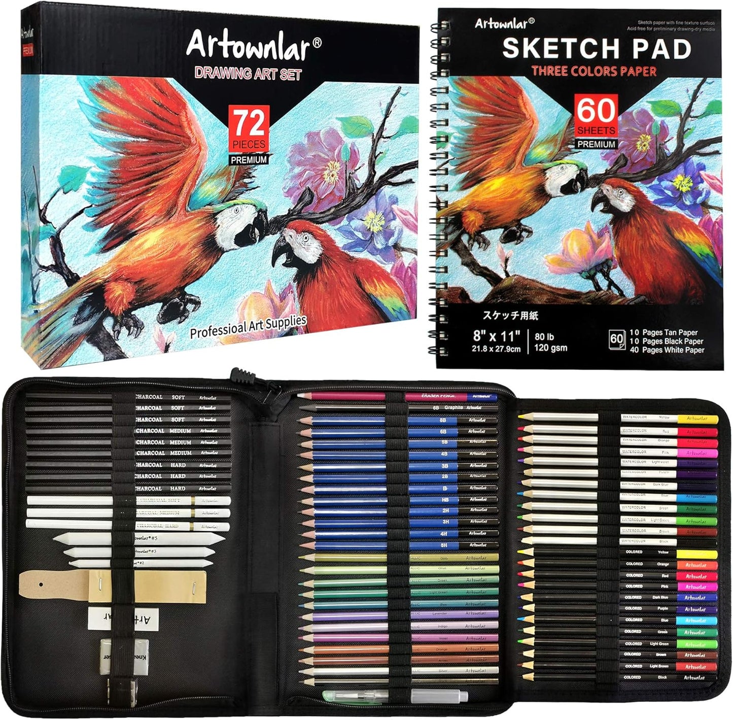 Artownlar 72 Pack Drawing Sketching Set with 8x11 Sketchbook | Pro Art Supplies Kit for Artist Adults Teens Beginner | Graphite Charcoal, Watercolor & Metallic Colored Pencils in Gift Case.