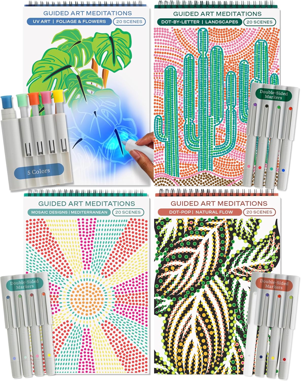 Lifelines FlowArt Activity Pad, 4-Pack - Guided Art Meditations with Markers - Color by Letter, Dot-Pop and More, Coloring Books for Teens, Adults & Seniors