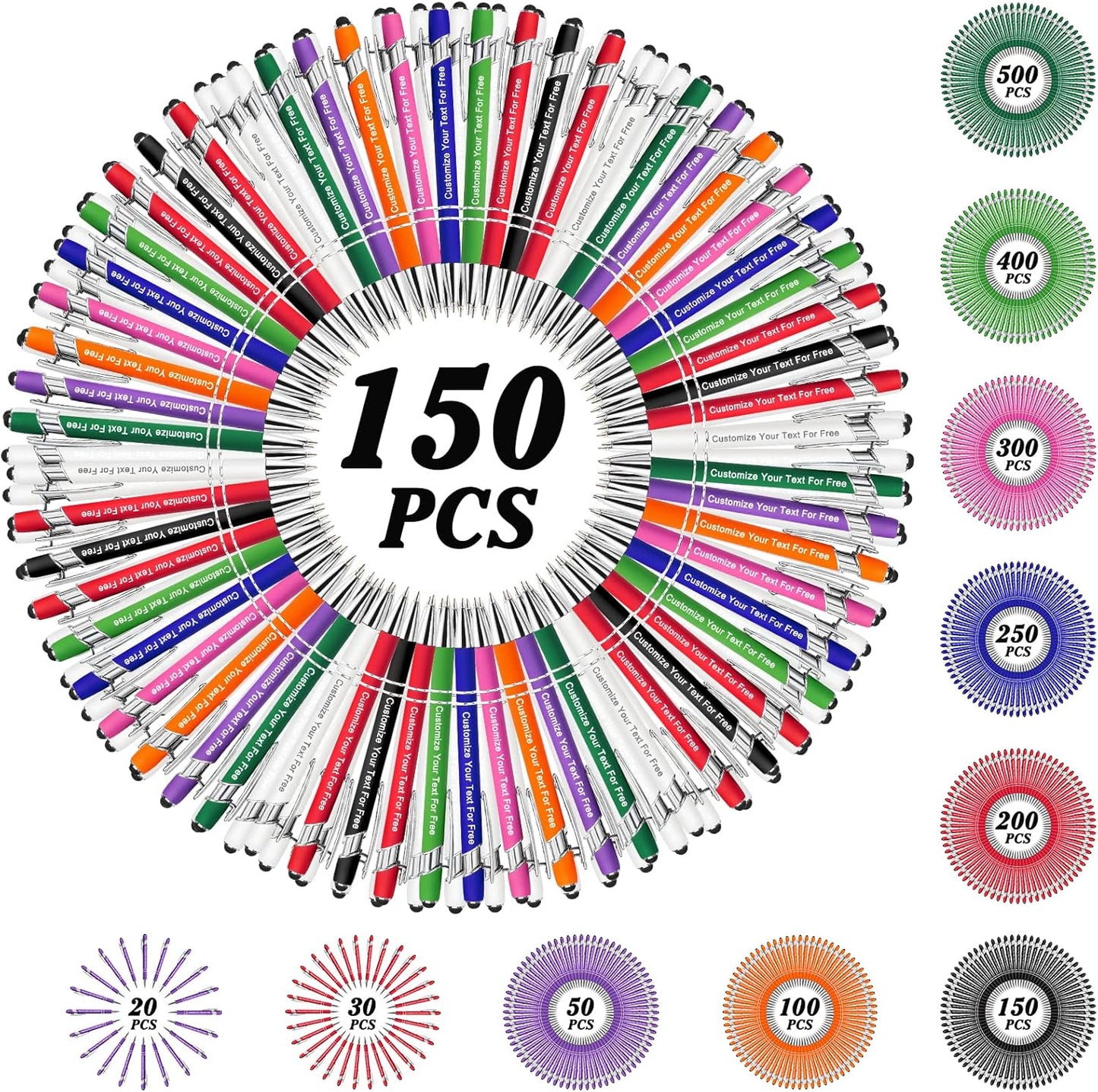 Max 500 Pcs Personalized Pens Bulk, Custom Pens with Free Engraving, Customized Stylus Tip Ballpoint Pen with Your Name Massage Text for School Office Business Graduation Anniversaries-150 Packs