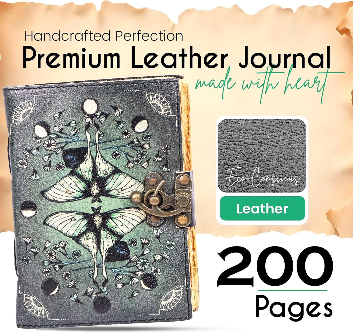 Blank Spell Book of Shadows Leather Journal Diary – Luna Moths and Morpho Butterfly Bound Journal with Clasp Lock – 200 Page Deckle Edge Vintage Notebook for Writing, Home, Office, Travelling