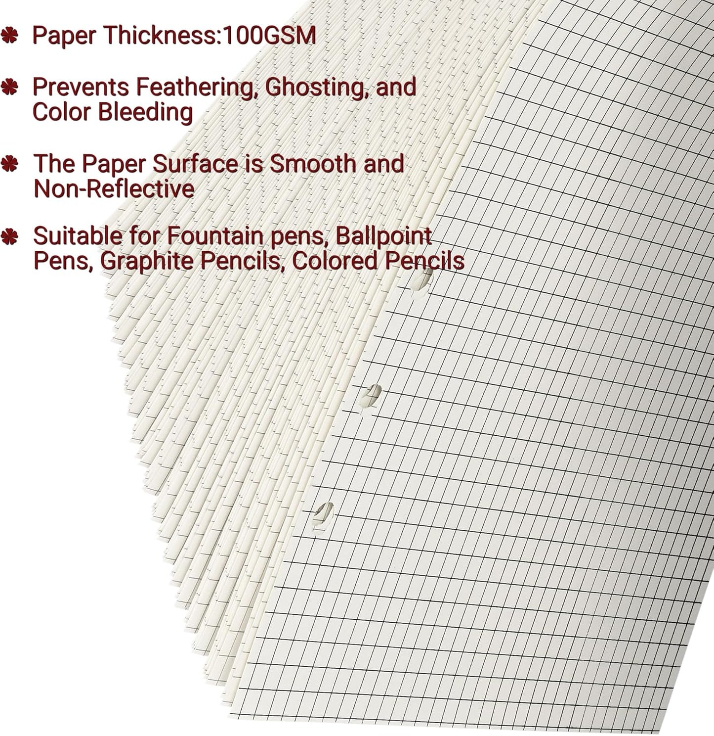 A5 Grid-Ruled Refill Paper, 100gsm Thick Beige No-Bleed Sheets (2 Packs, 80 Sheets Each), Pre-Punched – Fits A5 6-Ring Binders for Office, School & Teachers
