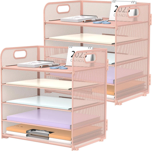 SUPEASY 2 Pack 5-Tier Pink Desk Organizer with Handle Mesh Desk File/Paper Organizer Letter Tray for Office, School and Home Easy Installation