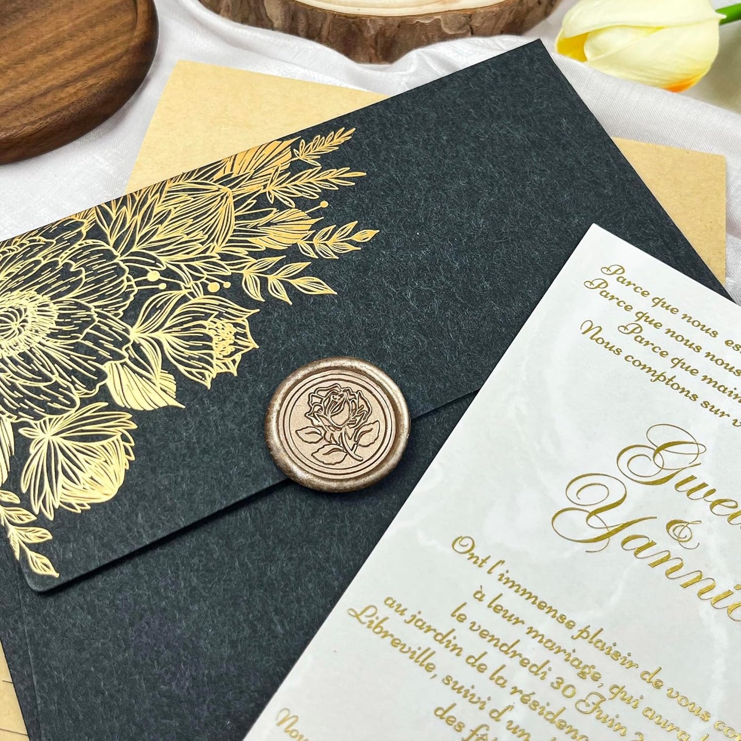 25Pcs Wax Seal Stickers Handmade Envelope Seals Self Adhesive Wax Stickers for Wedding Party Invitations, Envelope, Gift Wrap, Christmas(Rose Style, Champagne Gold)
