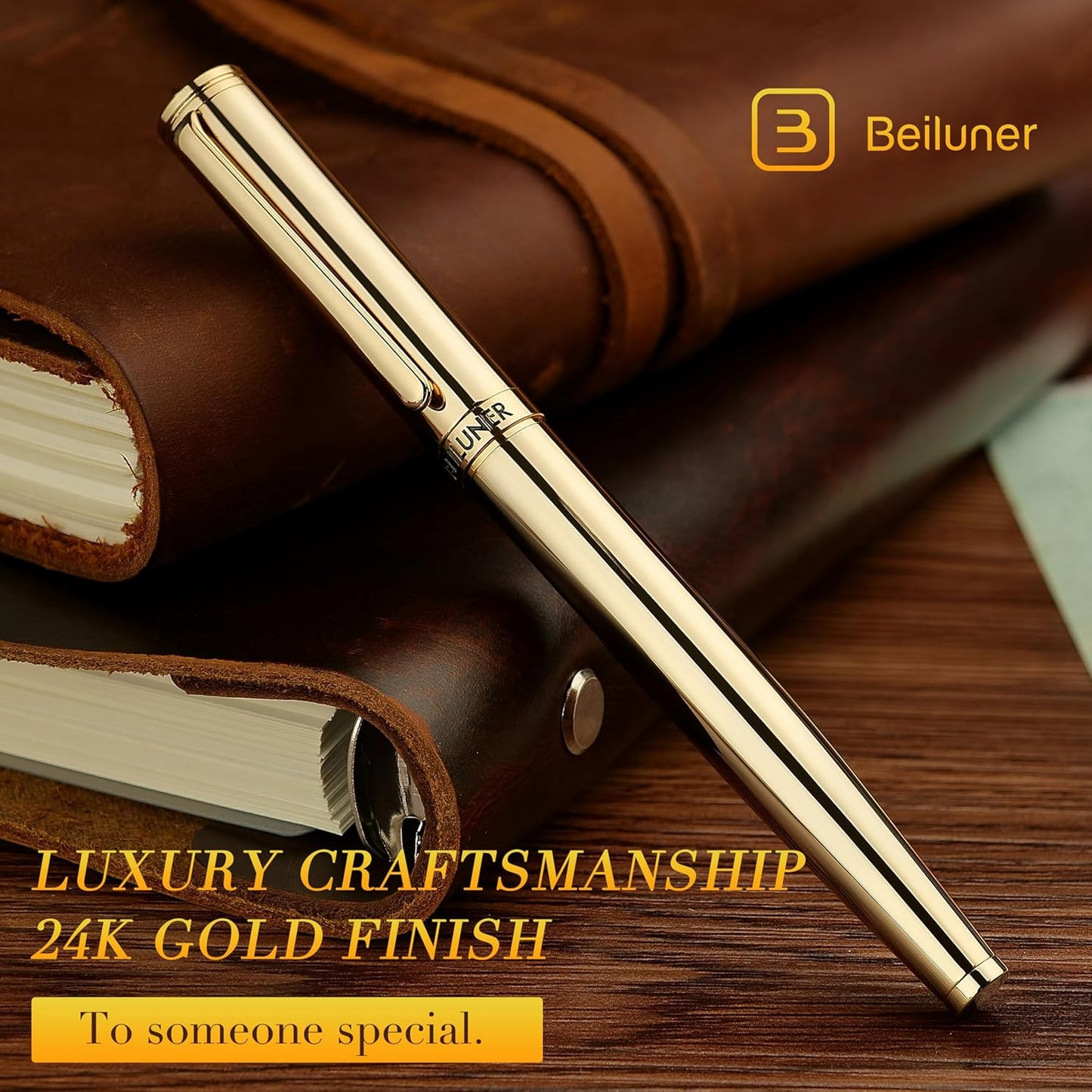 BEILUNER Gold Fountain Pen,Stunning Luxury Pens with 24K Gold Accents, Gorgeous 24K Gilded Nib(Fine), Ink Converter,Fancy Pen Gift for Men&Women-Elegant, Graduation, Office, Reliable,Nice for Writing