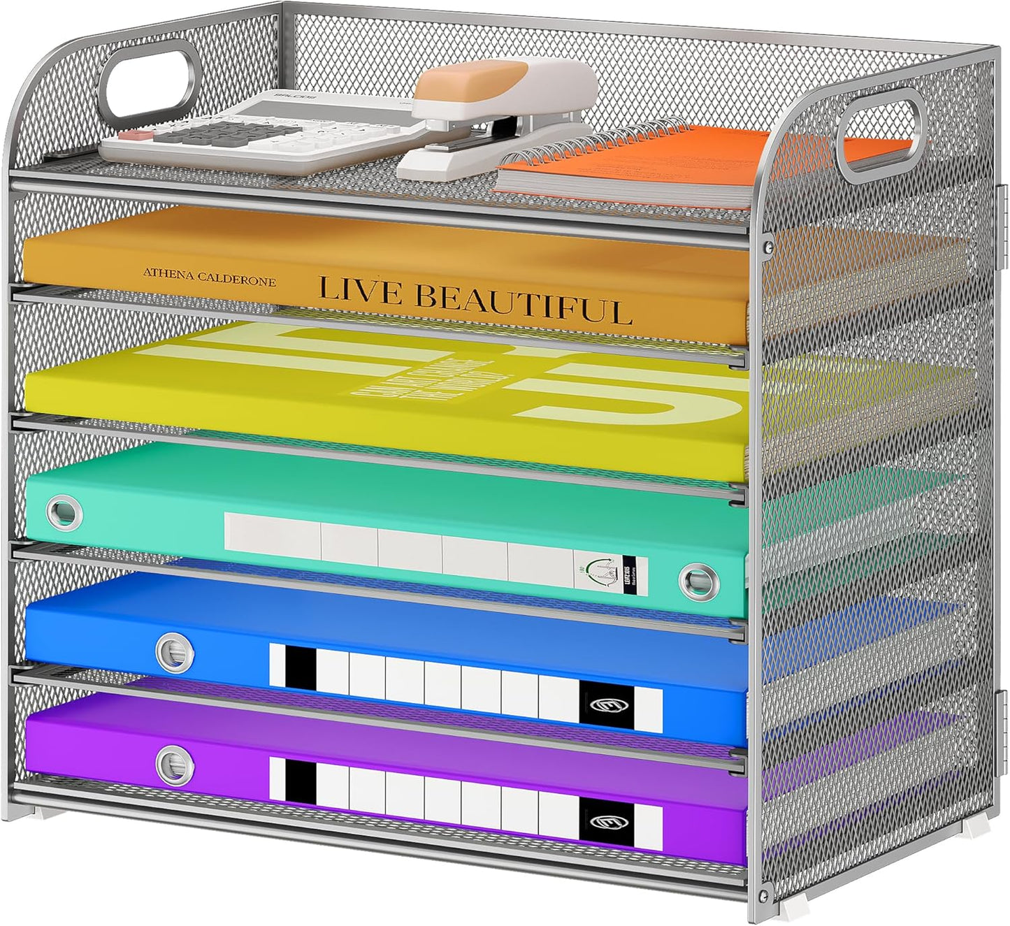 6 Tier Paper Organizer with Handle, Metal Desk Organizer Mesh Paper Letter Tray Desktop File Folder Document Sorter for Classroom, School, Office Accessories Organization and Storage - Silver