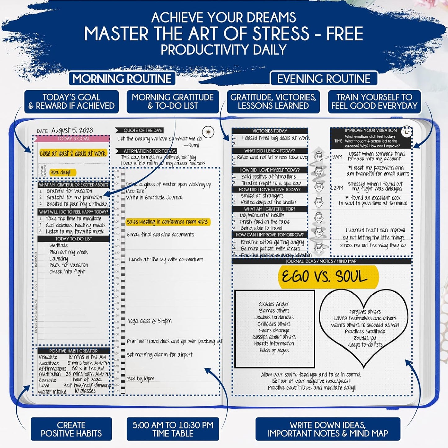 Adhd Daily Planner - A Self Care Personal Gratitude Journal to Increase Productivity and Success in Life & Work, Weekly & Monthly Undated Planner for Women and Men, Vision Board & Organizer + Stickers