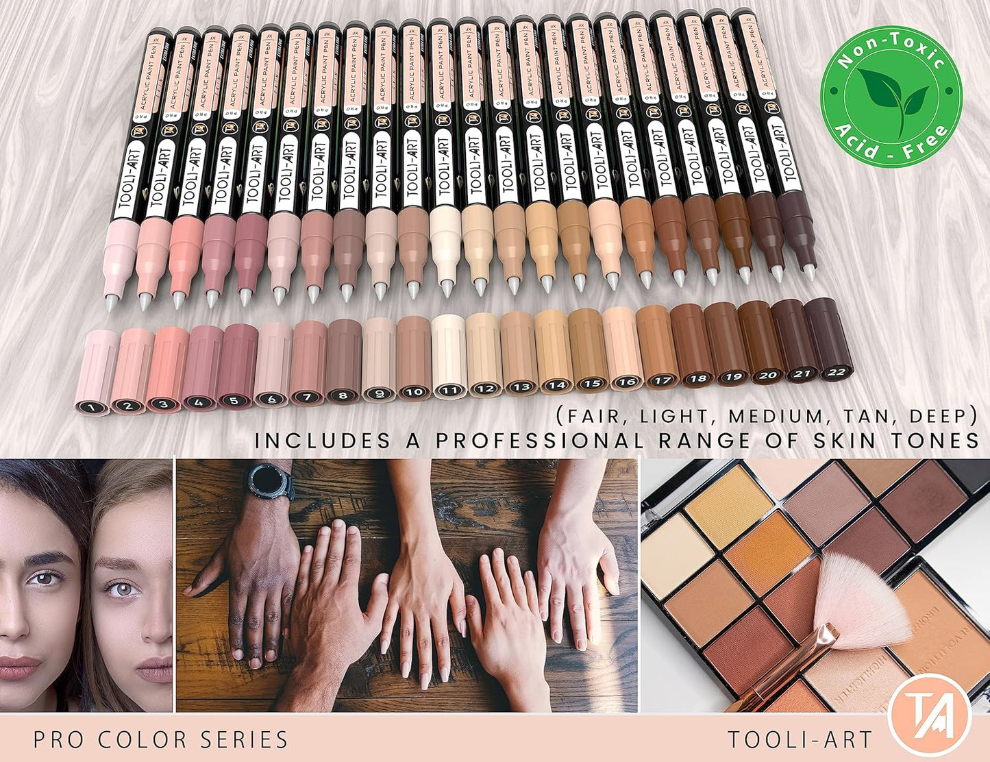 Acrylic Paint Pens 22 Skin Tones Assorted Pro Color Series Markers Set 0.7mm Extra Fine Tip for Rock Painting, Glass, Mugs, Wood, Metal, Canvas, Projects, Non Toxic, Waterbased, Quick Drying