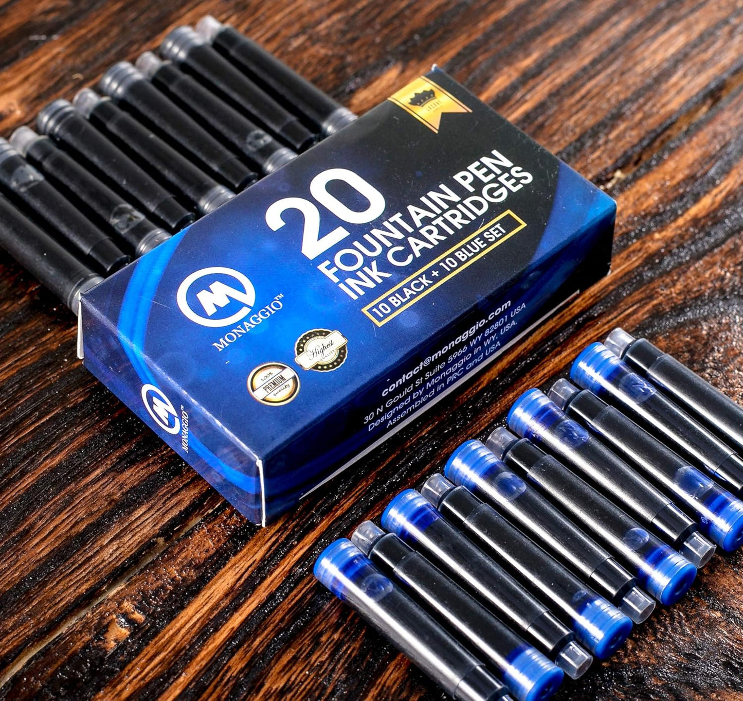 MONAGGIO Black & Blue Ink Cartridges for Fountain Pens. Big Pack of 20 Short International Standard Size Cartridges. Perfect for Calligraphy Pen. Universal Fine Design with Incredible Color