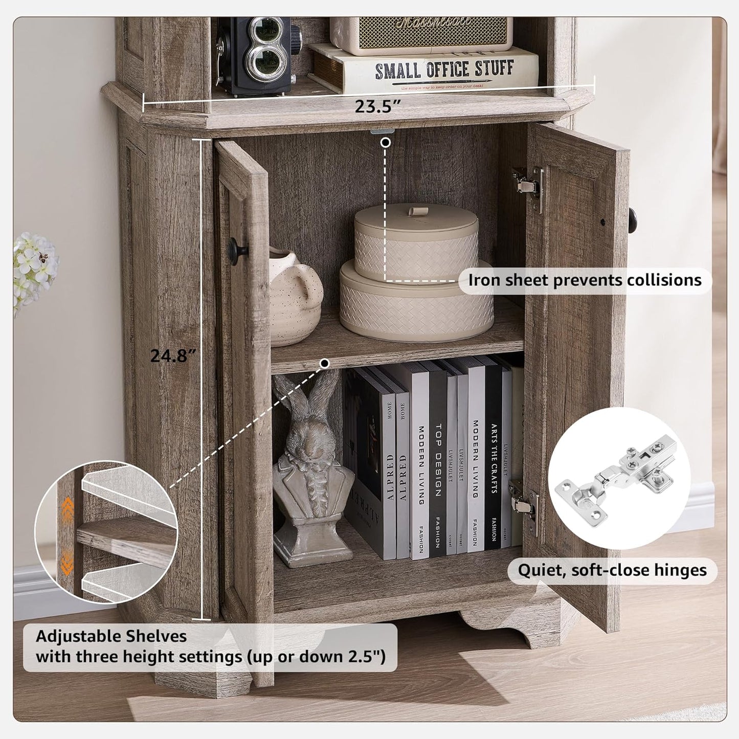 T4TREAM 6-Tier Bookshelf with Storage, 72" Tall Farmhouse Bookcase with Doors and Adjustable Shelves, Wooden Floor Standing Display Book Shelf Organizer for Home Office, Light Rustic Oak