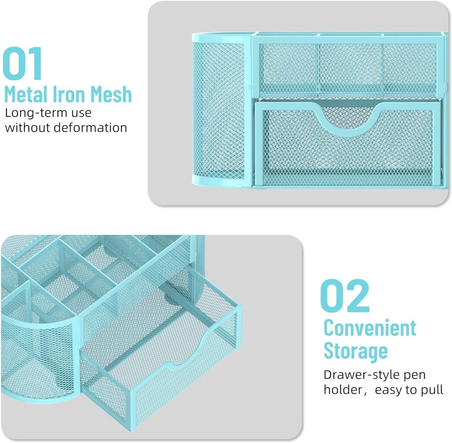 SUPEASY Mesh Desk Organizer, Desk Accessories & Workspace Organizers with Drawers, Pencil Holder for Desk with 9 Compartments for Office Suppliess, 8.6 x 4.3 x 4.1 Inch, Blue