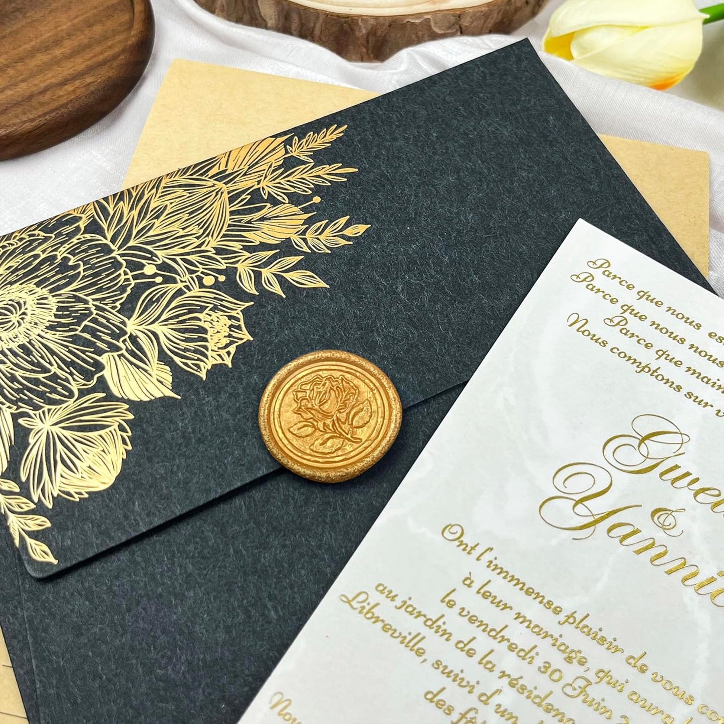 50Pcs Wax Seal Stickers Handmade Envelope Seals Self Adhesive Wax Stickers for Wedding Party Invitations, Envelope, Gift Wrap, Christmas(Rose Style, Gold)
