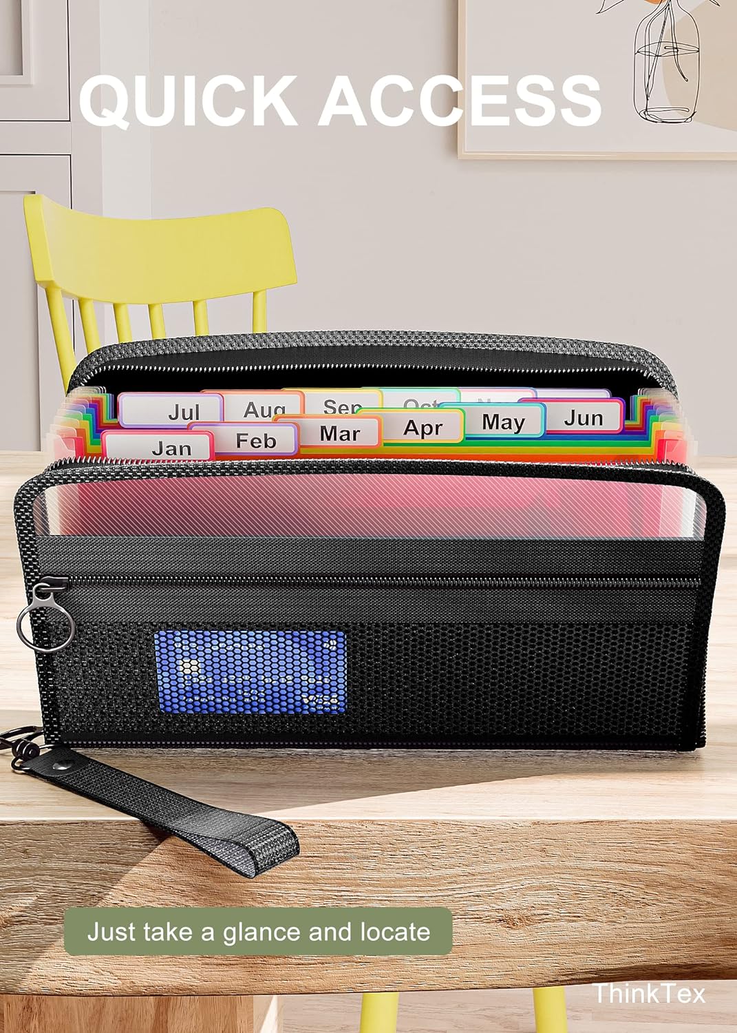 ThinkTex Receipt Coupon Organizer, 12 Pockets Small Accordion File Organizer, Junior Size 11x 6.6 Inches, Zipper Closure, Multi-Color Tabs