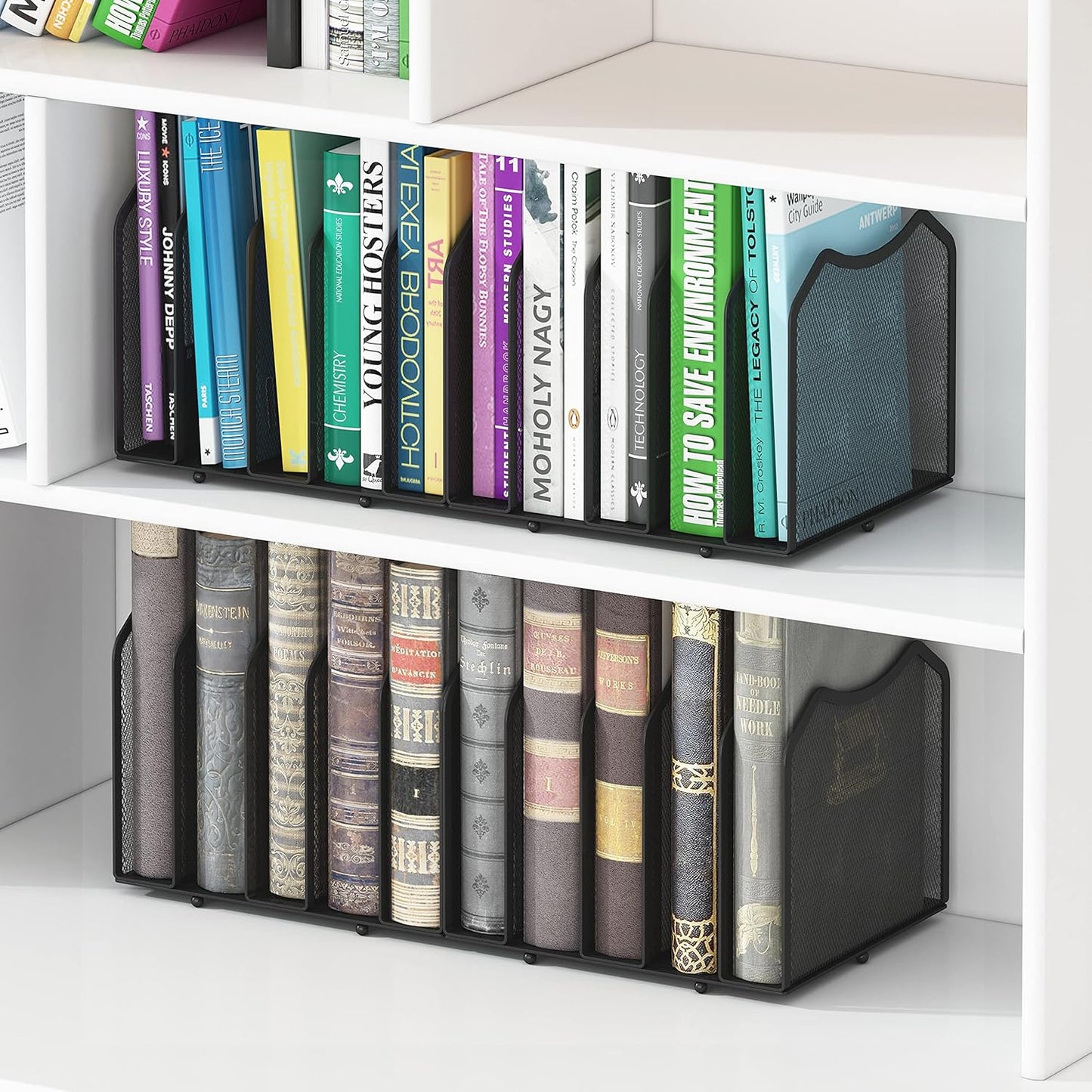 Simple Trending 2 Pack Mesh Desktop File Sorter Organizer, 5-Section Vertical File Folder Stand Bookshelf for Desk Home Office, Black