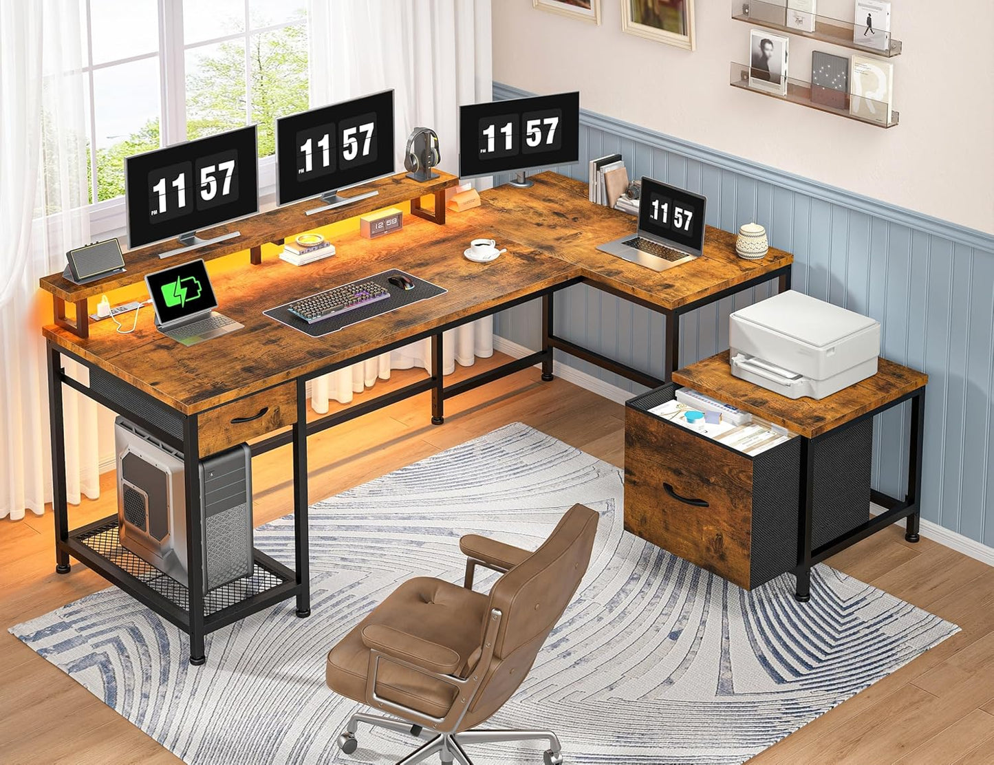 L Shaped Computer Desk with Drawers, Gaming Desk with LED Lights & Monitor Shelf, Office Desks with Power Outlets, Corner Desks for Home Office, Study Room and Bedroom, Rustic Brown