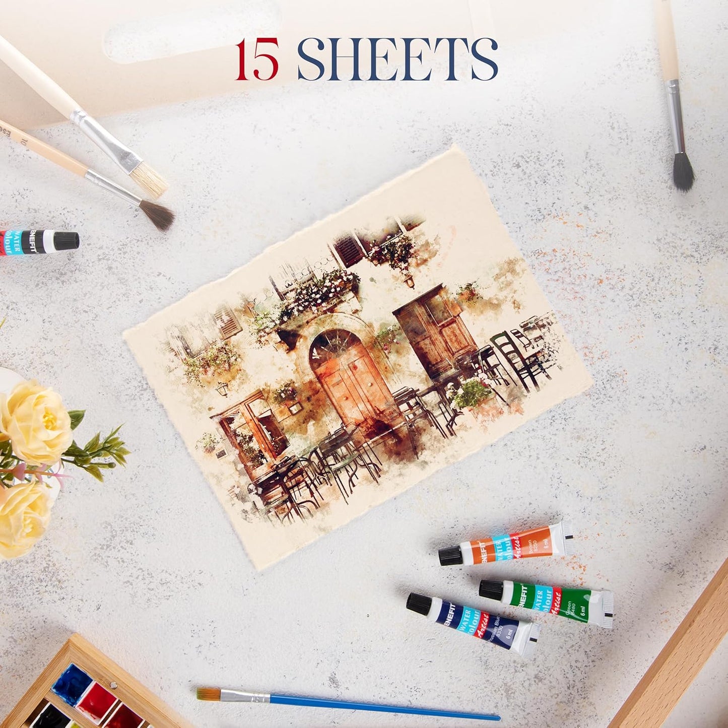 Wanderings Thick Handmade Watercolor Paper with Deckled Edge - 9x12-500GSM Premium Ivory Cold-Pressed Textured Mixed Media Paper Made with Recycled Cotton - 15 Loose Leaf Sheets