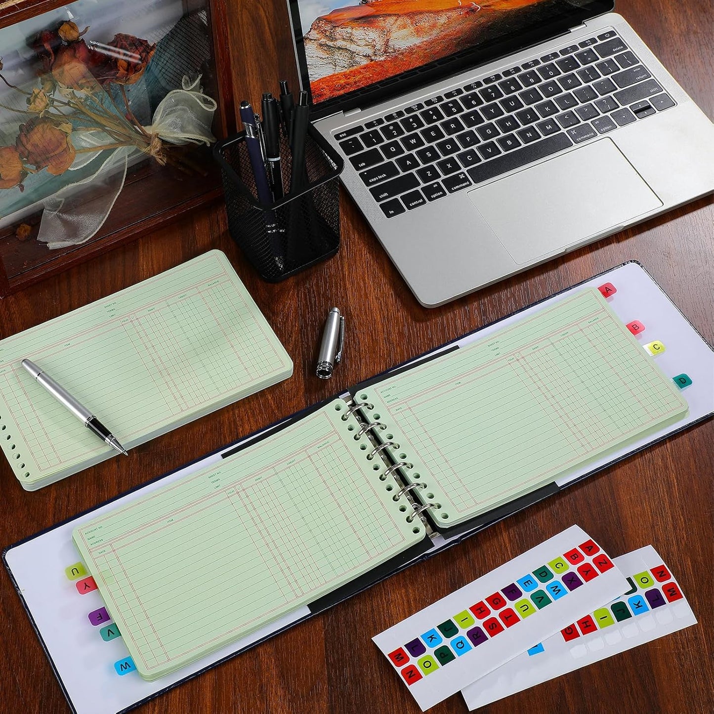 Ring Ledger Binder with 200 Pcs 5"x8.5" Ledger Sheets Small Index Tabs for Bookkeeping Accounting Business with Debit Credit Balance Columns(Blue Cover, Yellow Sheets)