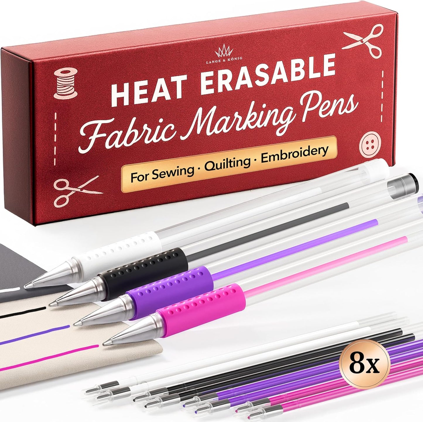Lange & König Heat Erasable Fabric Marking Pens for Sewing - 4 Pens + 8 Refills - Sewing Supplies Quilting Supplies Sewing Accessories Embroidery Supplies Pen Tailors Chalk Fabric Chalk Alternative