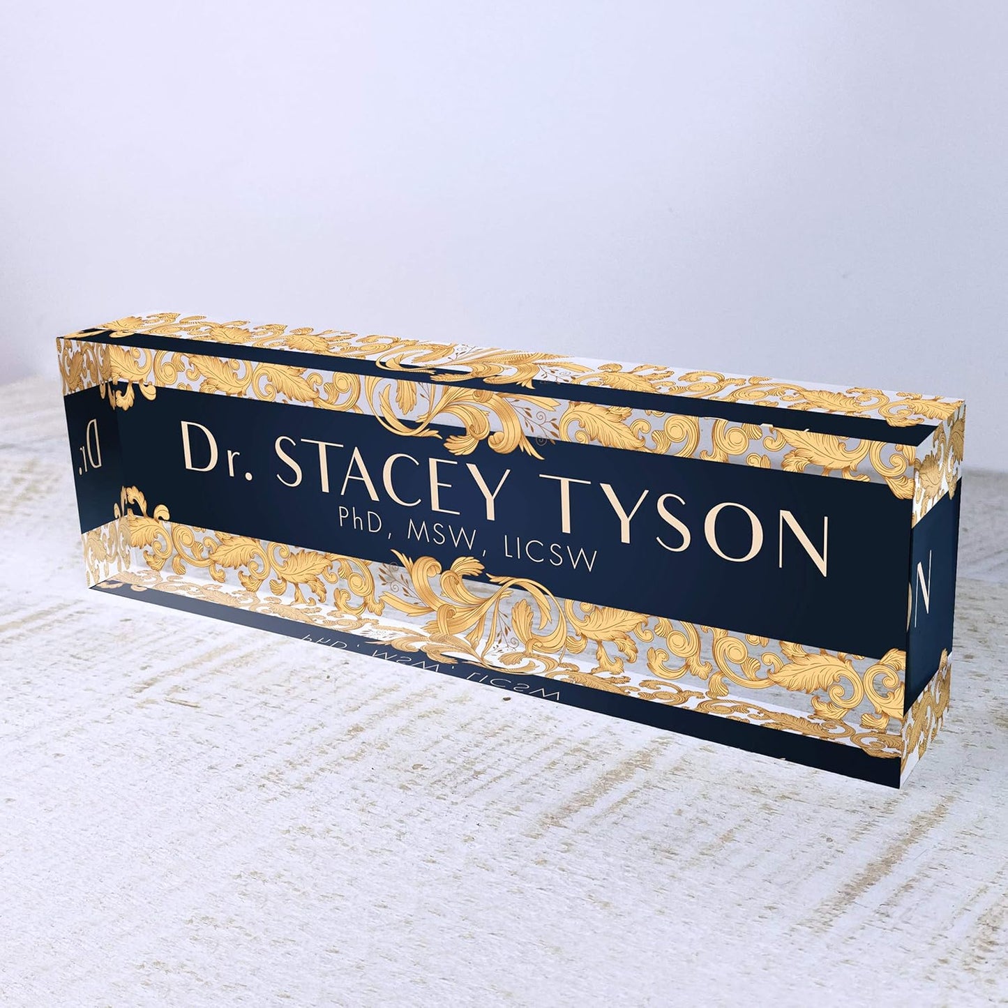 Artblox Office Desk Name Plate Personalized | Custom Name Plates For Desks | Leaf Gold Design On Clear Acrylic Glass | Cute Office Desk Accessories Customized Gifts - (8" x 2.5")