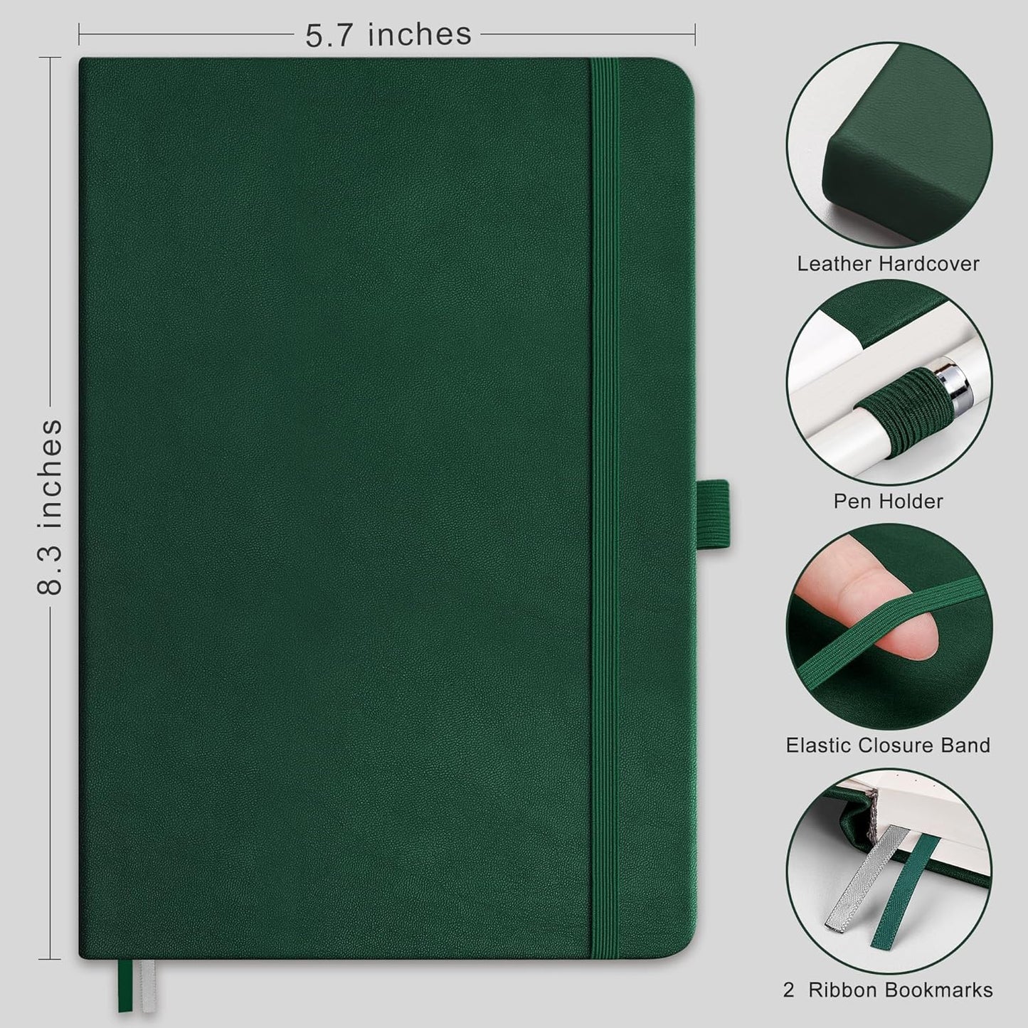 RETTACY Lined Journal Notebook, 192 Numbered Pages, A5 Medium Size (5.7'' x 8.3''), for Men & Women, Journaling, Writing, Work & Office, Leather Hardcover, 100 GSM Thick Paper (Dark Green)
