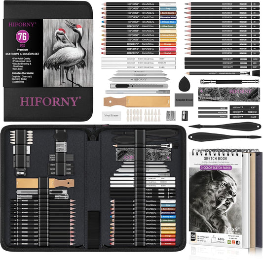 HIFORNY 76 PCS Drawing Set Sketching Kit,Sketch Pencils Art Supplies with Graphite,Charcoal,Blending Tools & Accessories,Portable Zippered Travel Case for Artists & Beginners
