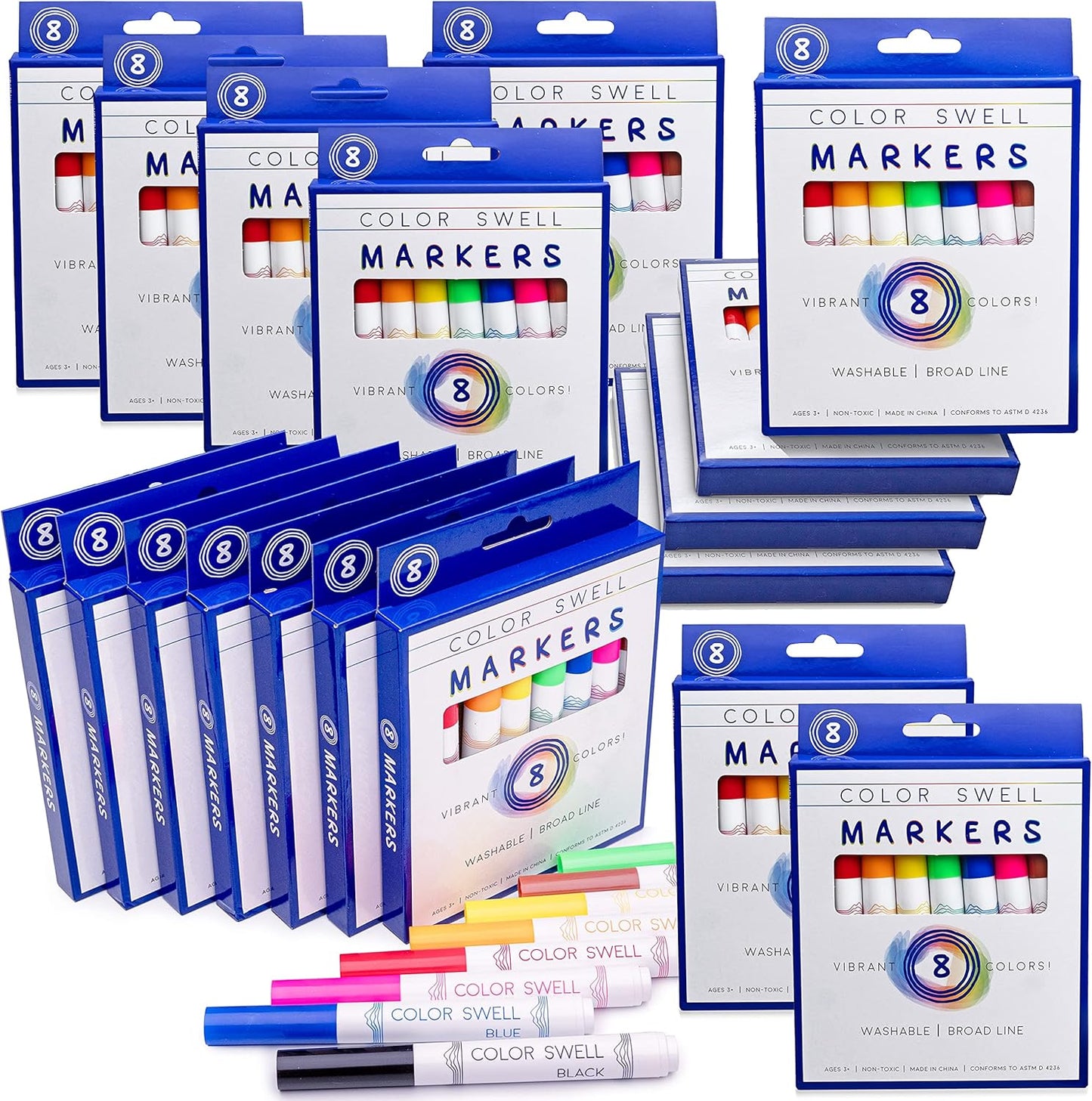 Color Swell Washable Bulk Markers - 18 Boxes of 8 Vibrant Colors (144 Total) Perfect for Kids, Parties, Classrooms - Broad Line Markers