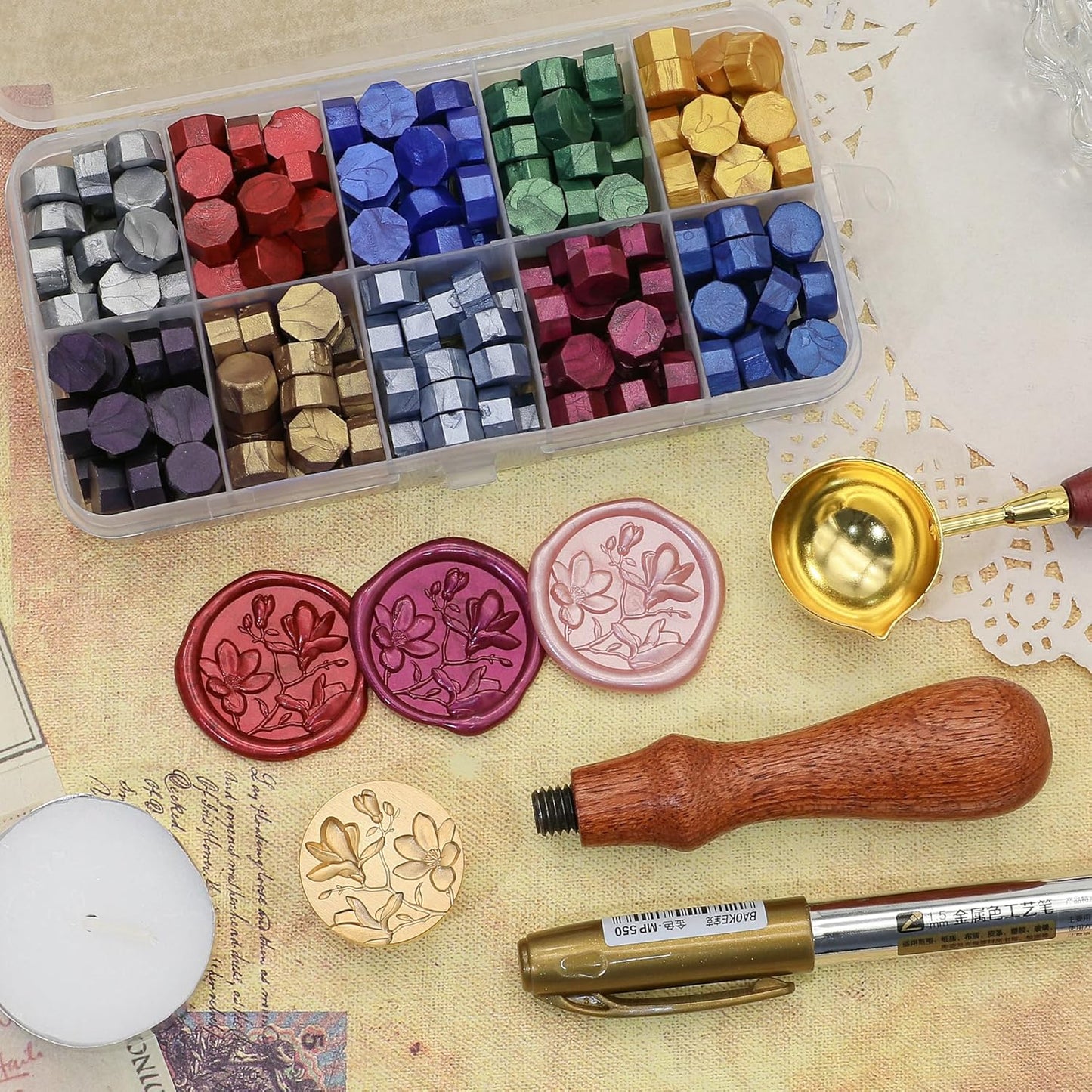 SWANGSA 3D Magnolia Wax Seal Stamp Kit with 200pcs Sealing Wax Beads, Great for Embellishment of Wedding Invitations, Wine Packages, Gift Wraps