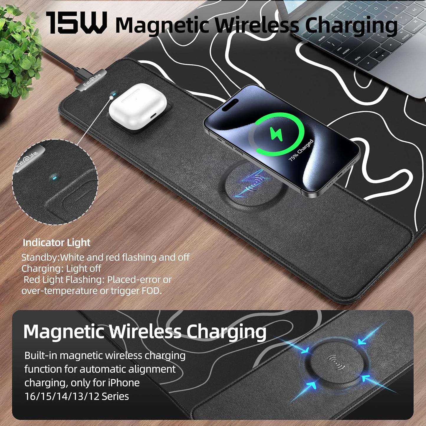 Mouse Pad with Wireless Charging, Gaming Mouse Pad with Ultra-Smooth Surface, Large XXL Desk Mat, Non-Slip Mouse Mat, Waterproof Computer Keyboard Pad for Gaming, Desk, Office, PC, 800x400x4MM, Black