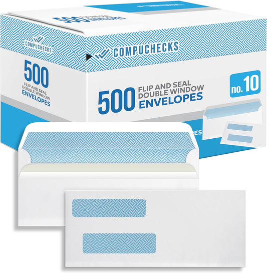Compuchecks Double Window Envelopes #10- Flip and Seal Flap, Security Business Mailing Envelopes - Tamper Evident, Security Tint - 500 Count – For Invoices and Legal Documents