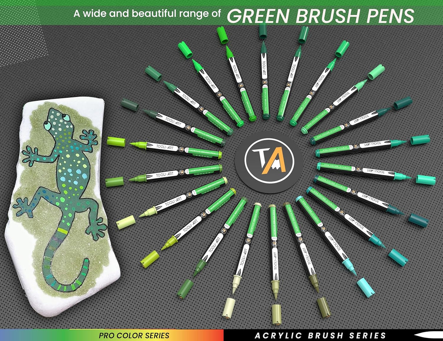 22 Flexible Brush Tip Acrylic Paint Pens Markers Set 1-7mm Line for Rock Painting, Brush Lettering, Glass, Mugs, Wood, Metal, Canvas, Fabric, Plastic. Non Toxic Waterbased Quick Drying Assorted Green