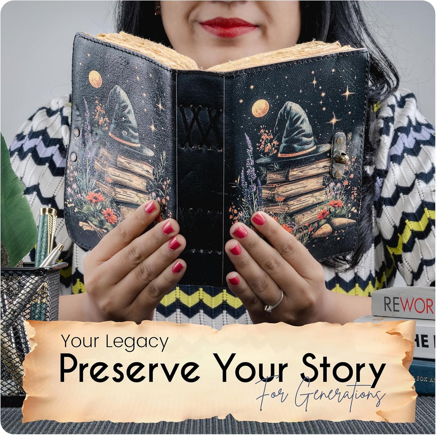 Book of Shadows Leather Journal, Merry Christmas Spellbook with Vintage Clasp Lock – 200 Page Antique Deckle Edge Leather Bound Notebook – Notebook Journal Christmas Gift For Men & Women