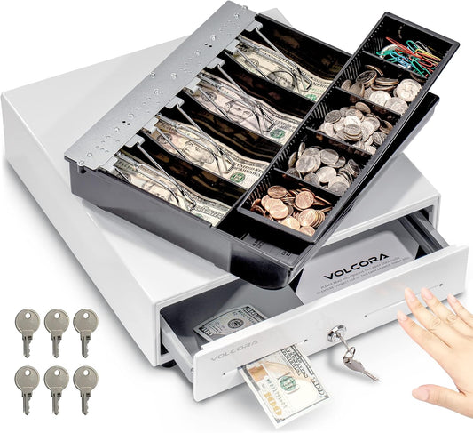 Volcora 13" Manual Push Open Cash Register Drawer for Point of Sale (POS) System, White Heavy Duty Till with 4 Bills and 5 Coin Slots, Key Lock with Fully Removable Money Tray and Double Media Slots