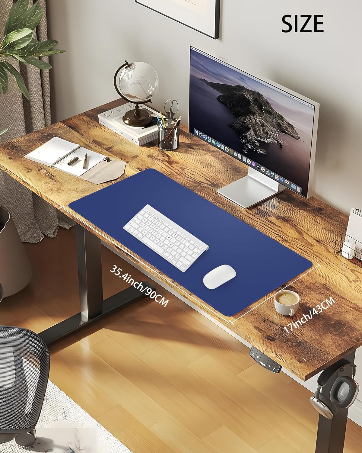 Leather Desk Pad Protector,Office Desk Mat,Large Mouse Pad, Non-Slip PU Leather Desk Blotter,Desk Pad,Waterproof Desk Writing Pad for Office and Home (Blue,35.4" x 17")